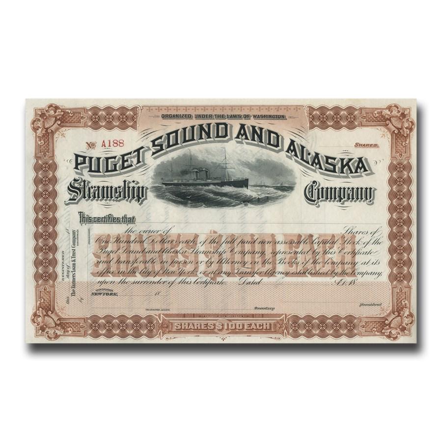 Puget Sound & Alaska Steamship Company Stock Certificate (1890's): Puget Sound & Alaska Steamship Company Stock Certificate (1890's) Product ID: 51497 Year: 1890 Grade: None Grade Service: None Denomination: N/A Mint Mark: N/A - Not Available Metal Conte