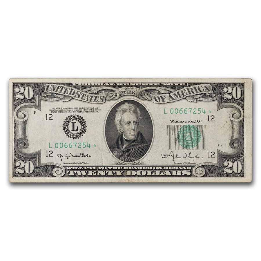 1950 (L-San Francisco) $20 FRN VF (Fr#2059-L*) Star Note: 1950 (L-San Francisco) $20 FRN VF (Fr#2059-L*) Star Note Product ID: 262441 Year: 1950 Grade: Very Fine Grade Service: None Denomination: 20 Dollars Mint Mark: L - San Francisco Metal Con