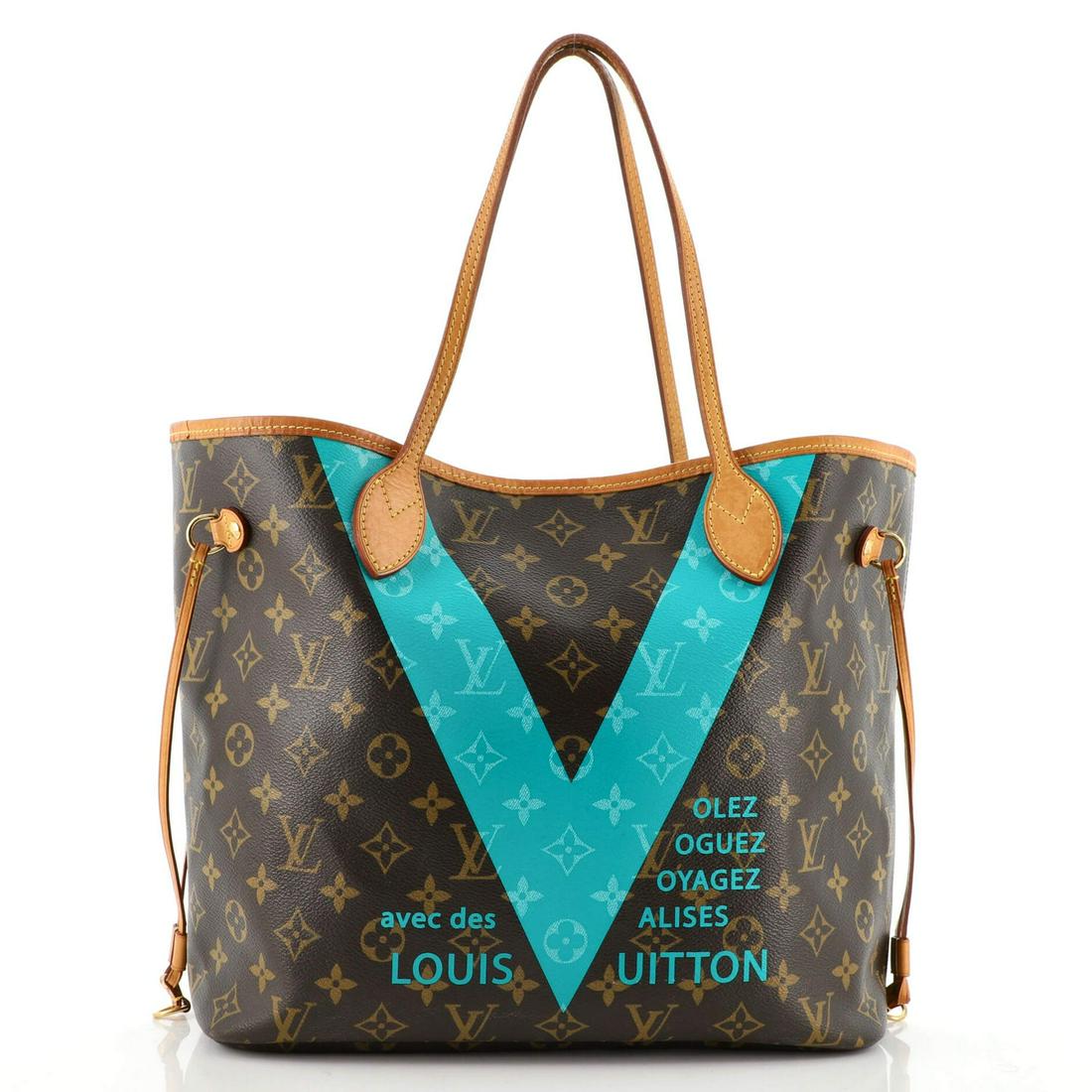 Neverfull NM Tote Limited Edition Cities V Monogram Canvas MM Louis Vuitton: Neverfull NM Tote Limited Edition Cities V Monogram Canvas MM Louis Vuitton Exterior Color: Blue, Brown Interior Color: Blue Exterior Material: Canvas (Coated) Interior Material: Fabric Hardware Color