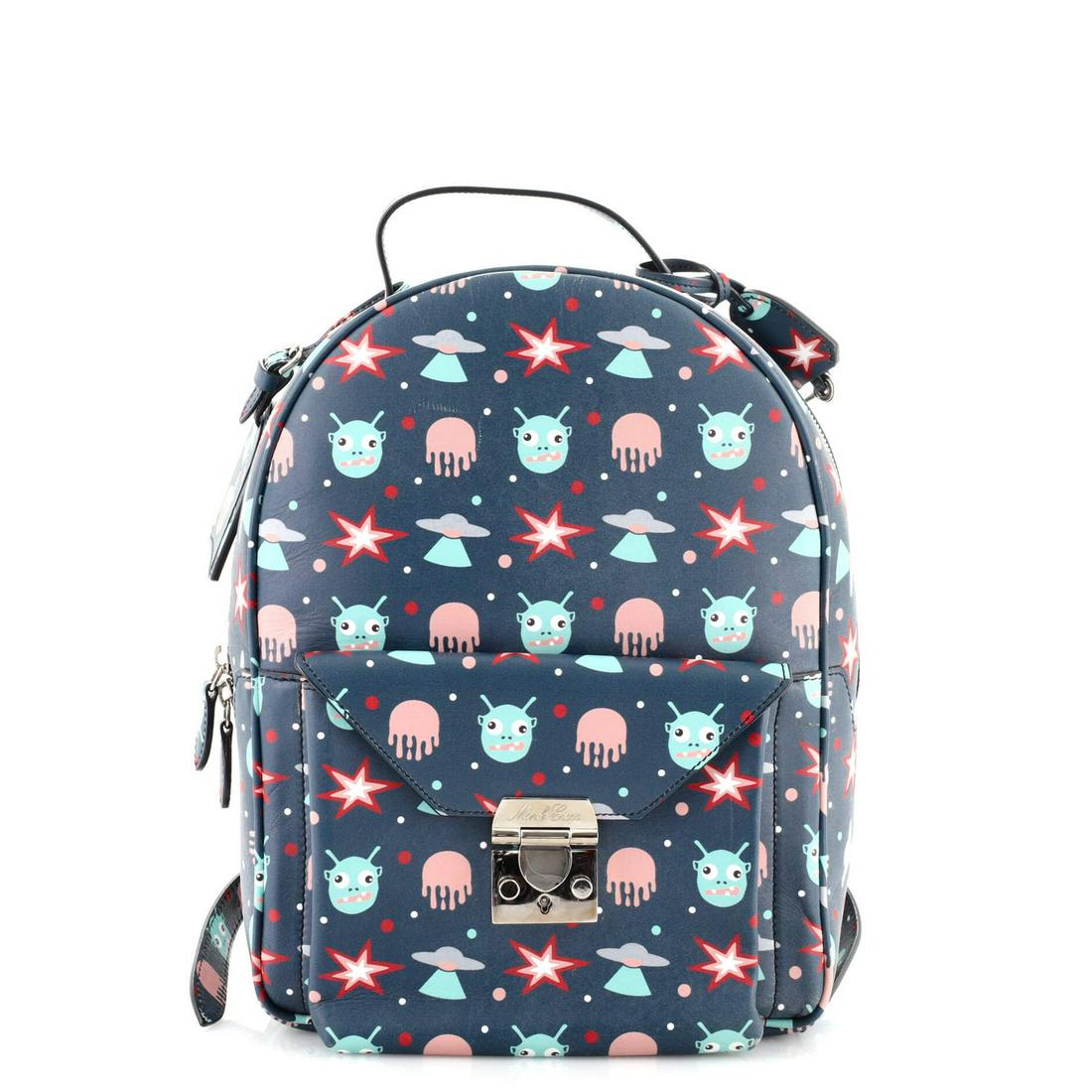 Baby Backpack Printed Leather Mark Cross: Baby Backpack Printed Leather Mark Cross Exterior Color: Blue, Print Interior Color: Red Exterior Material: Leather Interior Material: Fabric Hardware Color: Silver Accessories: No accessories <br