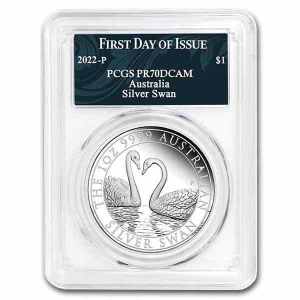 2022 Australia 1 oz Silver Swan PR-70 PCGS (FDI, Swan Label): 2022 Australia 1 oz Silver Swan PR-70 PCGS (FDI, Swan Label) Product ID: 254995 Year: 2022 Grade: Proof - 70 Grade Service: PCGS Denomination: 1 Dollar Mint Mark: P - Perth Metal Content: