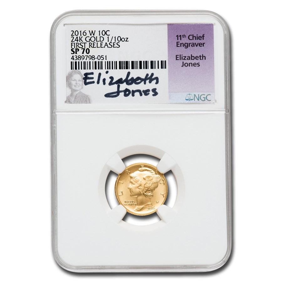 2016-W 1/10 oz Gold Mercury Dime SP-70 NGC (FR, Jones): 2016-W 1/10 oz Gold Mercury Dime SP-70 NGC (FR, Jones) Product ID: 262709 Year: 2016 Grade Service: NGC Denomination: 10 Cents Metal Content: 0.1 troy oz Purity: .9999 Thickness: 1.19 mm