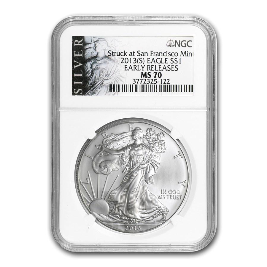 2013 (S) American Silver Eagle MS-70 NGC (ER, ALS Label): 2013 (S) American Silver Eagle MS-70 NGC (ER, ALS Label) Product ID: 81253 Year: 2013 Grade Service: NGC Denomination: $1.00 Dollar Metal Content: 1 troy oz Purity: .999 Thickness: 2.98 m