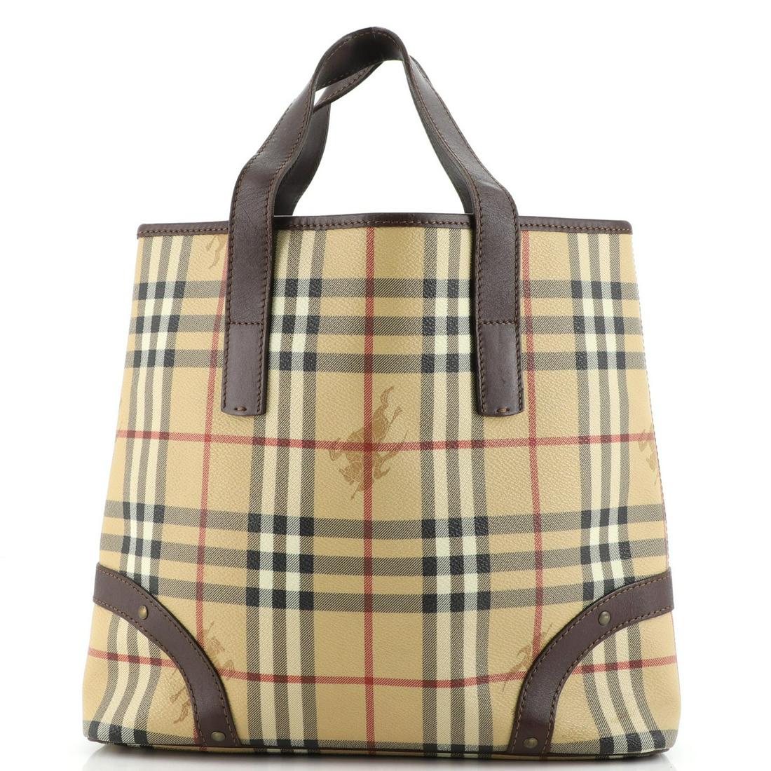 Burberry Vintage Open Tote Haymarket Coated Canvas with Studded Leather Medium: Burberry Vintage Open Tote Haymarket Coated Canvas with Studded Leather Medium Exterior Color: Brown Interior Color: Black Exterior Material: Canvas Coated, Leather Interior Material: Fabric Hardware