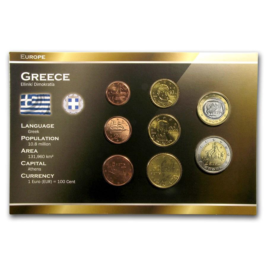 Greece 1 Cent-2 Euro 8-Coin Euro Set BU: Greece 1 Cent-2 Euro 8-Coin Euro Set BU Product ID: 34947 Year: Random Grade: Brilliant Unc Grade Service: None Denomination: Varies Mint Mark: Not Shown Metal Content: 0 troy oz