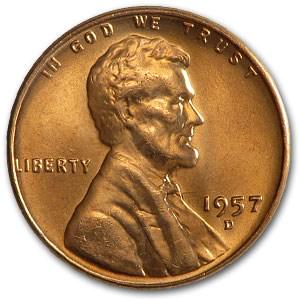 1957-D Lincoln Cent BU (Red): 1957-D Lincoln Cent BU (Red) Product ID: 9868 Year: 1957 Grade: Brilliant Unc Grade Service: None Denomination: $0.01 Mint Mark: D - Denver Metal Content: 0 troy oz Purity: N/A <