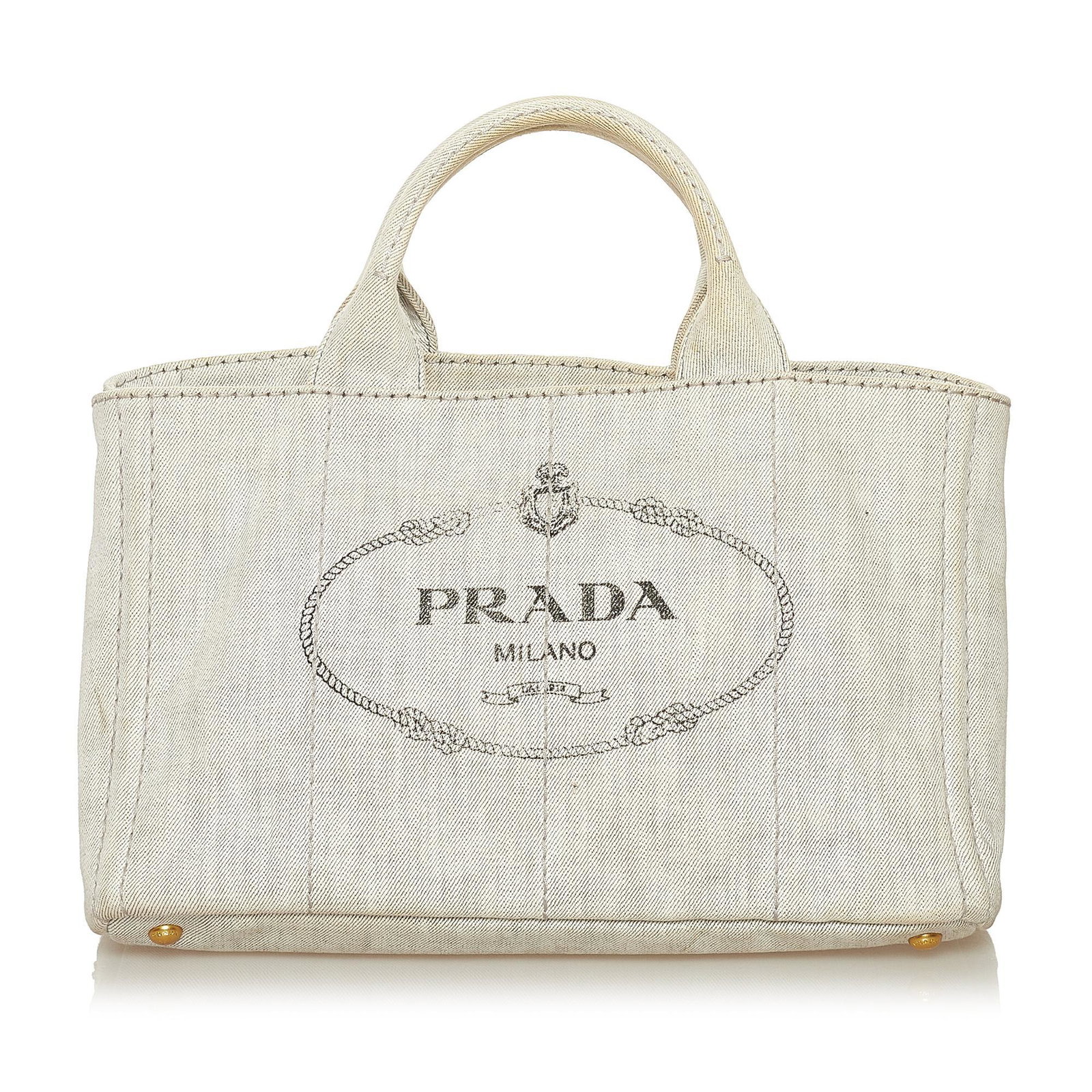 Prada Canapa Logo Canvas Satchel: Prada Canapa Logo Canvas Satchel Condition Quality: Fair Color: Grey Height: 8.5 in. Length: 13.5 in. Material: Canvas Width: 8.25 in. Item Condition: Pre Owned SKU: SHG-35073