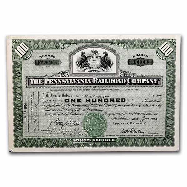 The Pennsylvania Railroad Company Older Stock Certificate (Green): The Pennsylvania Railroad Company Older Stock Certificate (Green) Product ID: 238422 Year: 1930-50s Grade: None Grade Service: None Mint Mark: N/A - Not Available Metal Content: 0 troy oz