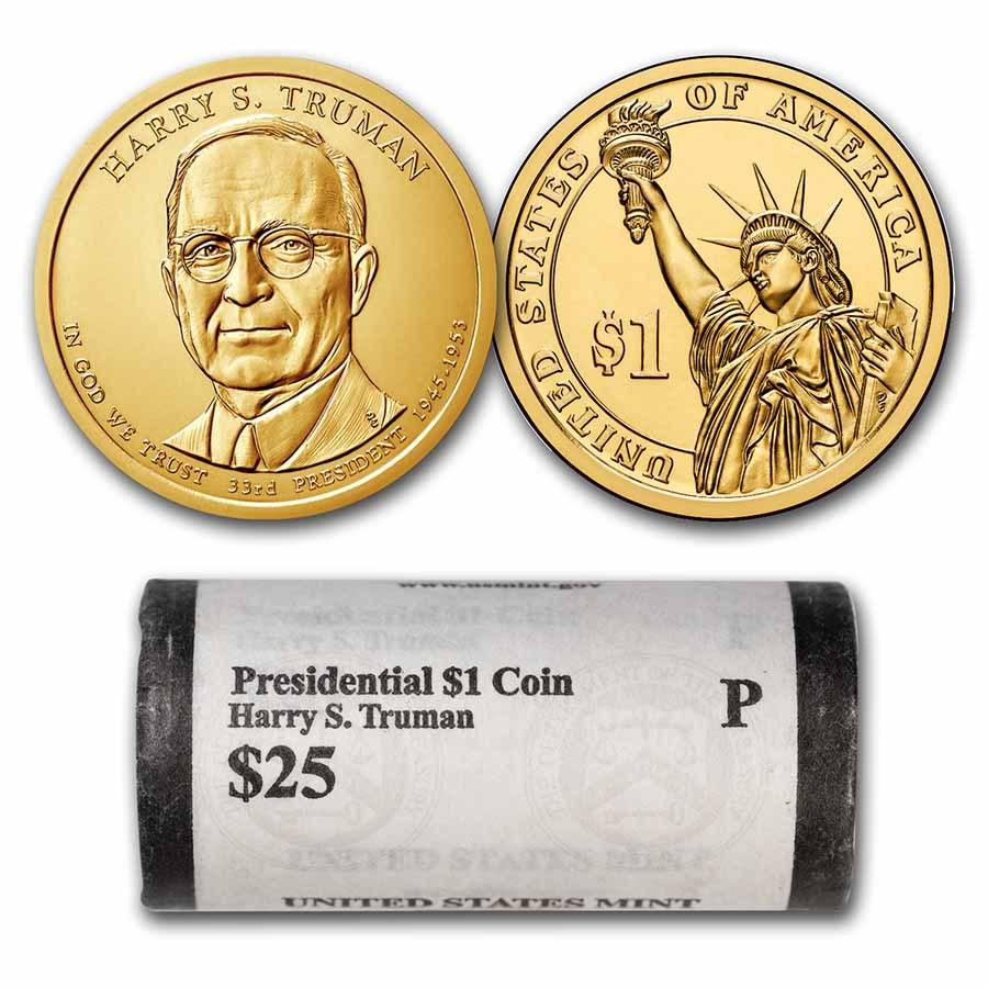2015-P Harry Truman 25-Coin Presidential Dollar Roll: 2015-P Harry Truman 25-Coin Presidential Dollar Roll Product ID: 228712 Year: 2015 Grade: Brilliant Unc Grade Service: None Denomination: $1.00 Mint Mark: P - Philadelphia Metal Content: