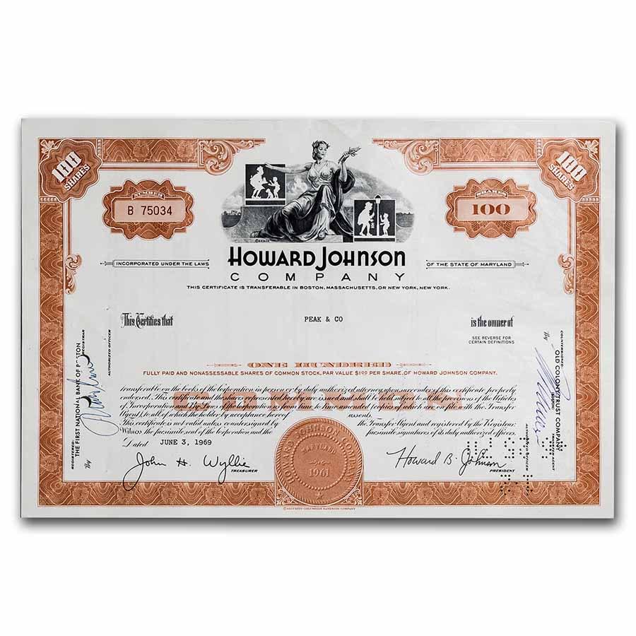 Howard Johnson Company Stock Certificate: Howard Johnson Company Stock Certificate Product ID: 48453 Year: N/A Grade: None Grade Service: None Denomination: N/A Mint Mark: N/A - Not Available Metal Content: 0 troy oz Pur