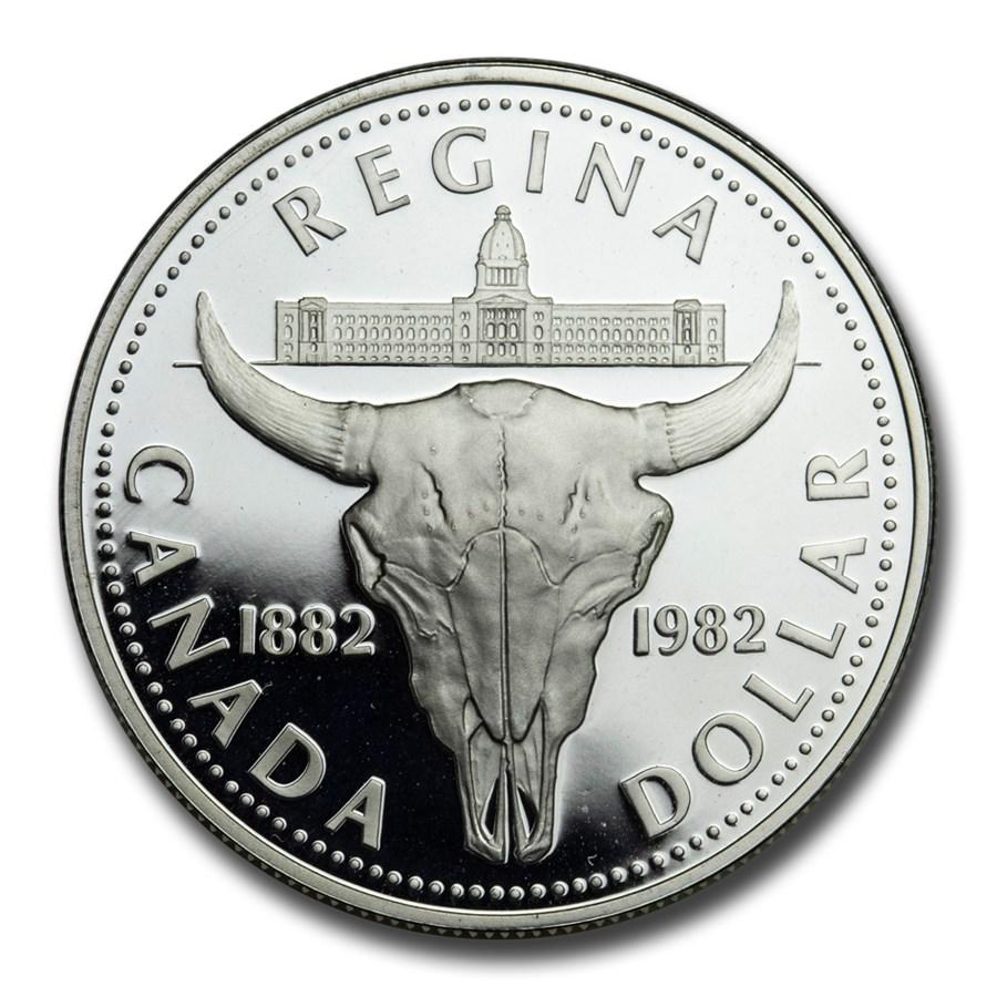 1982 Canada Silver Dollar Proof (Bison Skull): 1982 Canada Silver Dollar Proof (Bison Skull) Product ID: 13118 Year: 1982 Grade: Proof Grade Service: None Denomination: $1.00 Dollar Mint Mark: RCM (Not Shown) Metal Content: 0.375 troy