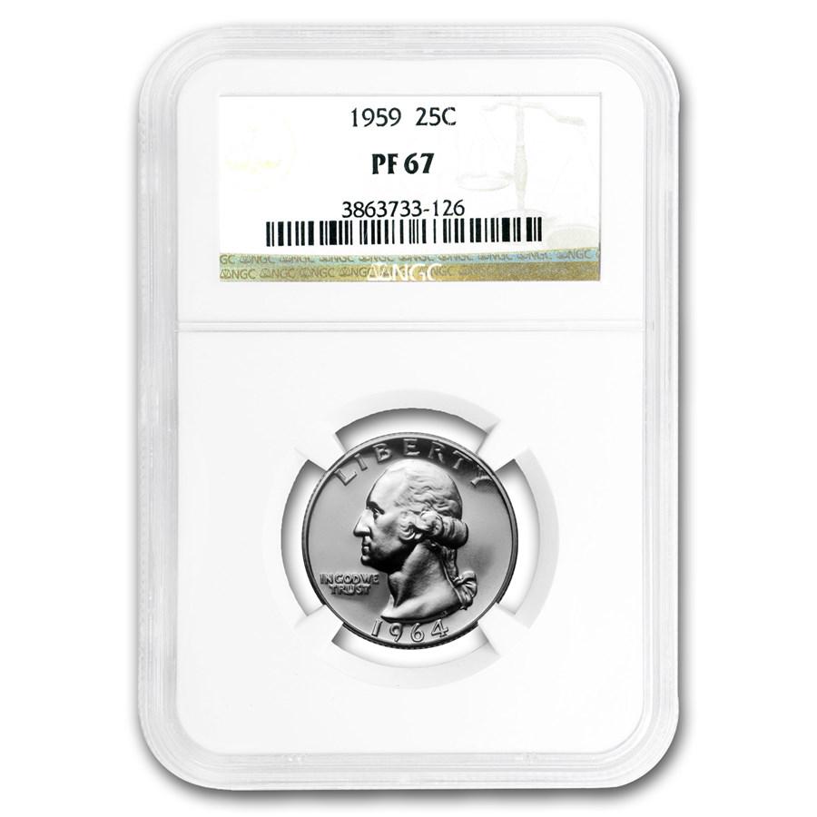 1959 Washington Quarter PF-67 NGC: 1959 Washington Quarter PF-67 NGC Product ID: 181218 Year: 1959 Grade Service: NGC Denomination: 25 Cents Metal Content: 0.1808 troy oz Purity: .900 Thickness: 1.75 mm Diameter: