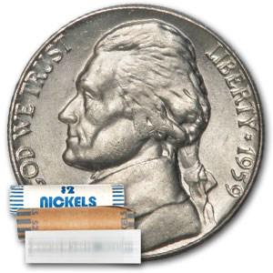 1959-D Jefferson Nickel 40-Coin Roll BU: 1959-D Jefferson Nickel 40-Coin Roll BU Product ID: 22021 Year: 1959 Grade: Brilliant Unc Grade Service: None Denomination: 5 Cents Mint Mark: D - Denver Metal Content: 0 troy oz