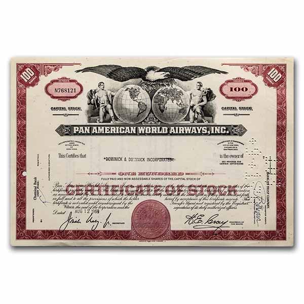 Pan American World Airways, Inc. Stock Certificate (Red): Pan American World Airways, Inc. Stock Certificate (Red) Product ID: 238559 Year: 1950-1970s Grade: None Grade Service: None Mint Mark: N/A - Not Available Metal Content: 0 troy oz Purity