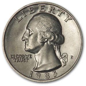 1985-P Washington Quarter BU: 1985-P Washington Quarter BU Product ID: 6503 Year: 1985 Grade: Brilliant Unc Grade Service: None Denomination: 25 Cents Mint Mark: P - Philadelphia Metal Content: 0 troy oz Puri
