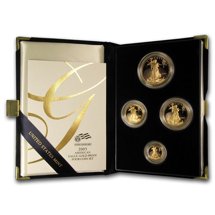 2005-W 4-Coin Proof American Gold Eagle Set (w/Box & COA): 2005-W 4-Coin Proof American Gold Eagle Set (w/Box & COA) Product ID: 7345 Year: 2005 Grade: Proof Grade Service: None Denomination: Varies Mint Mark: W - West Point Metal Content: 1.85 t