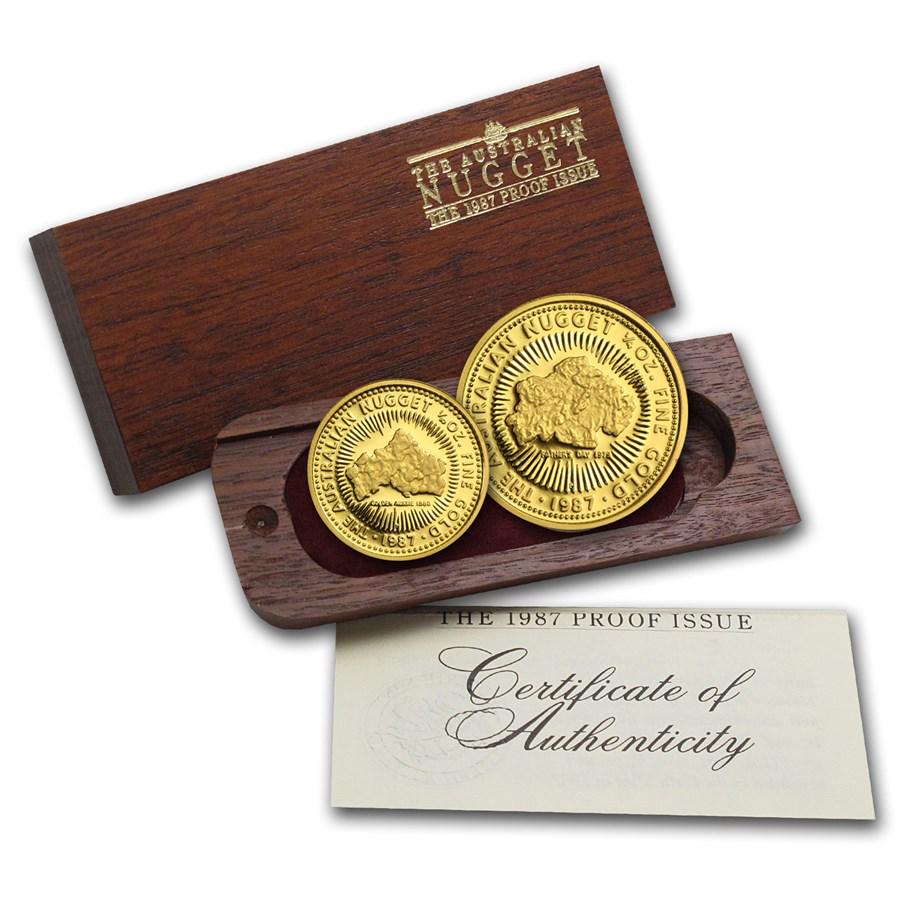 1987 Australia 2-Coin Gold Nugget Proof Set (Wood Box w/COA): 1987 Australia 2-Coin Gold Nugget Proof Set (Wood Box w/COA) Product ID: 83786 Year: 1987 Grade: Proof Grade Service: None Denomination: Varies Mint Mark: P - Perth Metal Content: 0.35 tr