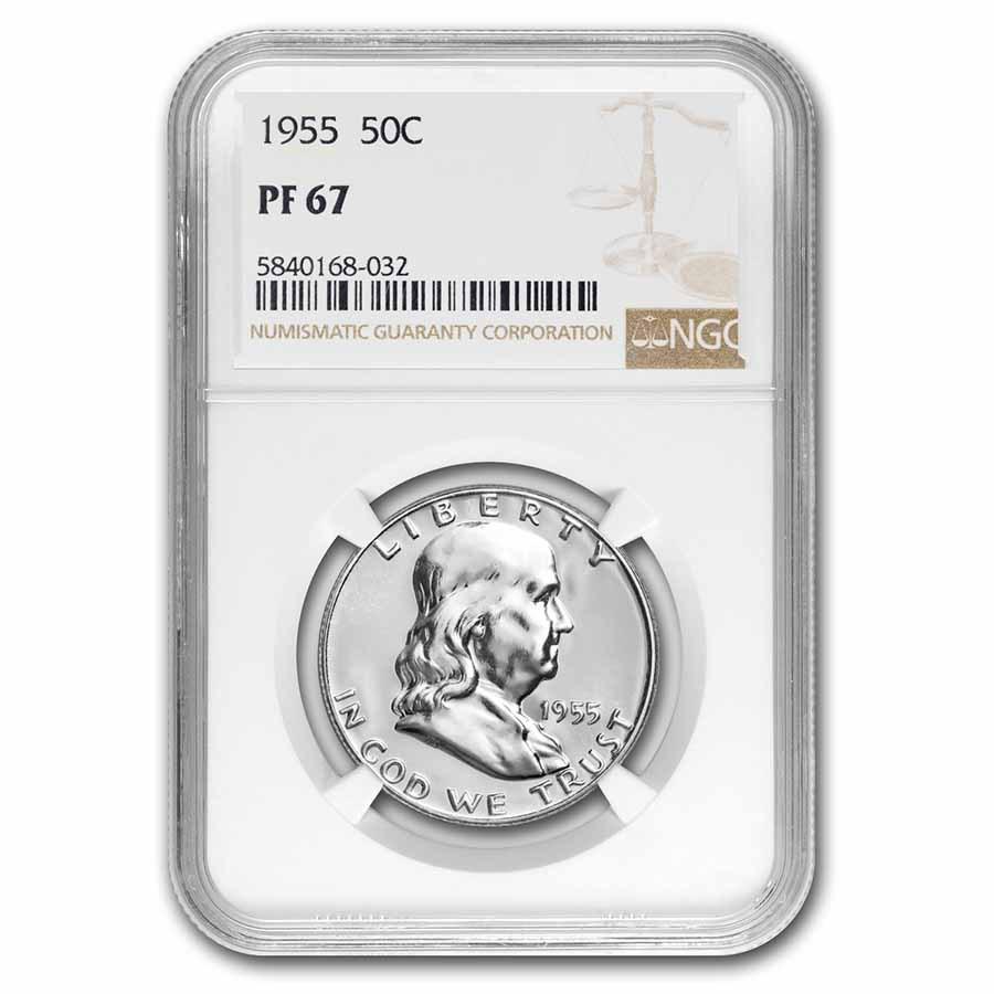1955 Franklin Half Dollar PF-67 NGC: 1955 Franklin Half Dollar PF-67 NGC Product ID: 30813 Year: 1955 Grade Service: NGC Denomination: $0.50 Metal Content: 0.3617 troy oz Purity: .900 Thickness: 2.15 mm Diameter: 30