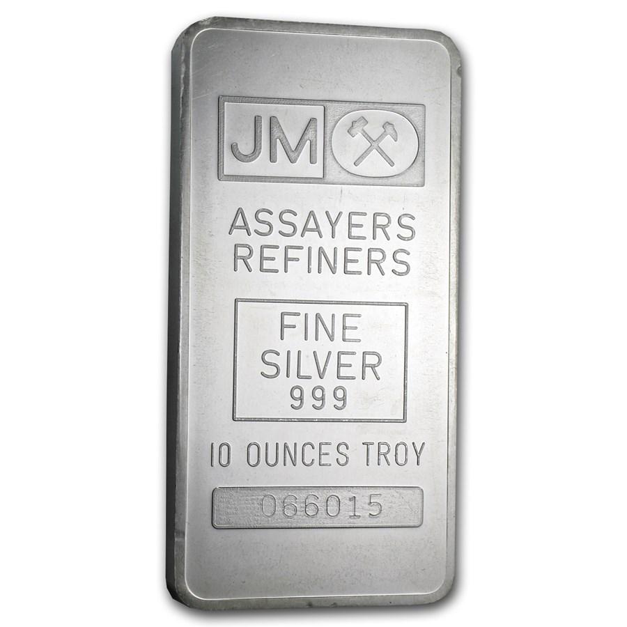 10 oz Silver Bar - Johnson Matthey (Pressed, Plain Back): 10 oz Silver Bar - Johnson Matthey (Pressed, Plain Back) Product ID: 70059 Year: N/A Grade: None Grade Service: None Mint Mark: N/A - Not Available Metal Content: 10 troy oz Purity: .999