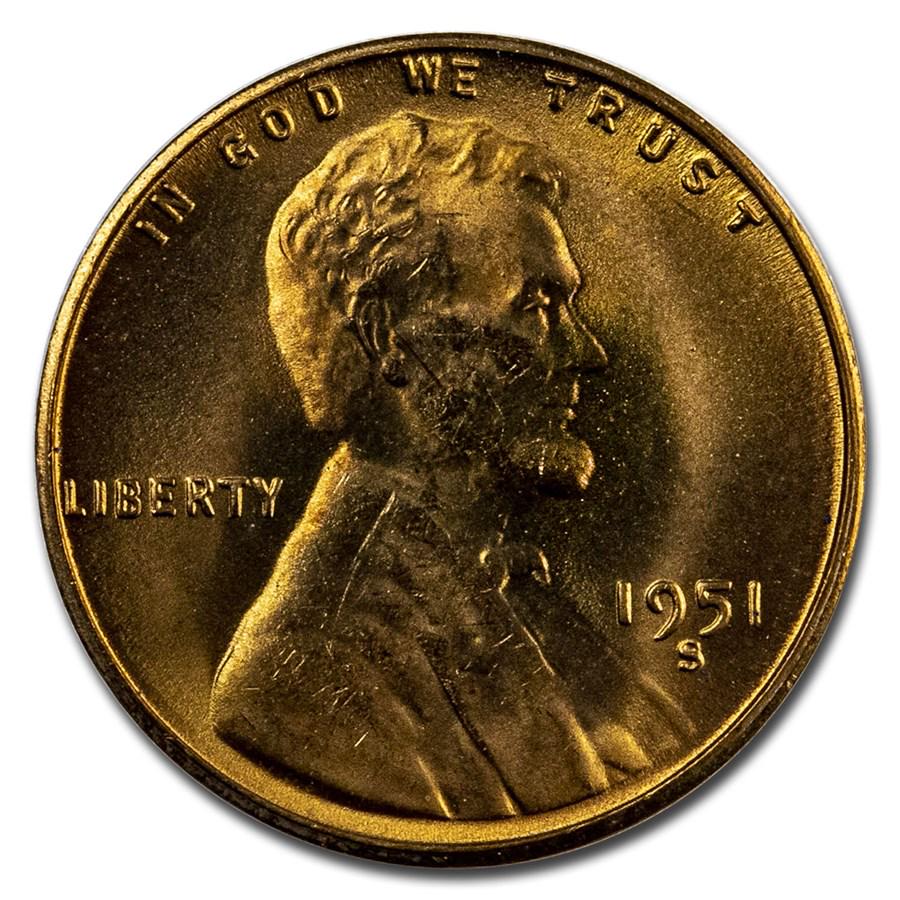 1951-S Lincoln Cent BU (Red): 1951-S Lincoln Cent BU (Red) Product ID: 9852 Year: 1951 Grade: Brilliant Unc Grade Service: None Denomination: $0.01 Mint Mark: S - San Francisco Metal Content: 0 troy oz Purity