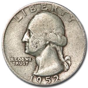 1952 Washington Quarter VG/XF: 1952 Washington Quarter VG/XF Product ID: 12403 Year: 1952 Grade: Very Good or Better Grade Service: None Denomination: 25 Cents Mint Mark: P - Philadelphia (Not Shown) Metal Content: 0.1