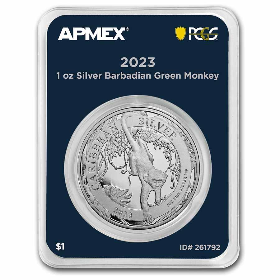 2023 Barbados 1 oz Silver Green Monkey (MD Premier + PCGS FS): 2023 Barbados 1 oz Silver Green Monkey (MD Premier + PCGS FS) Product ID: 261792 Year: 2023 Grade: Brilliant Unc Grade Service: MintDirect Denomination: 1 Dollar Mint Mark: Not Shown Meta