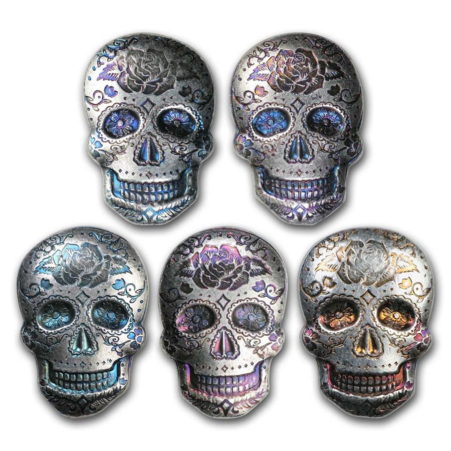 2 oz Hand Poured Silver Skull - Day of the Dead: Rose: 2 oz Hand Poured Silver Skull - Day of the Dead: Rose Product ID: 155287 Year: N/A Grade: None Grade Service: None Denomination: 2 oz Mint Mark: N/A - Not Available Metal Content: 2 troy