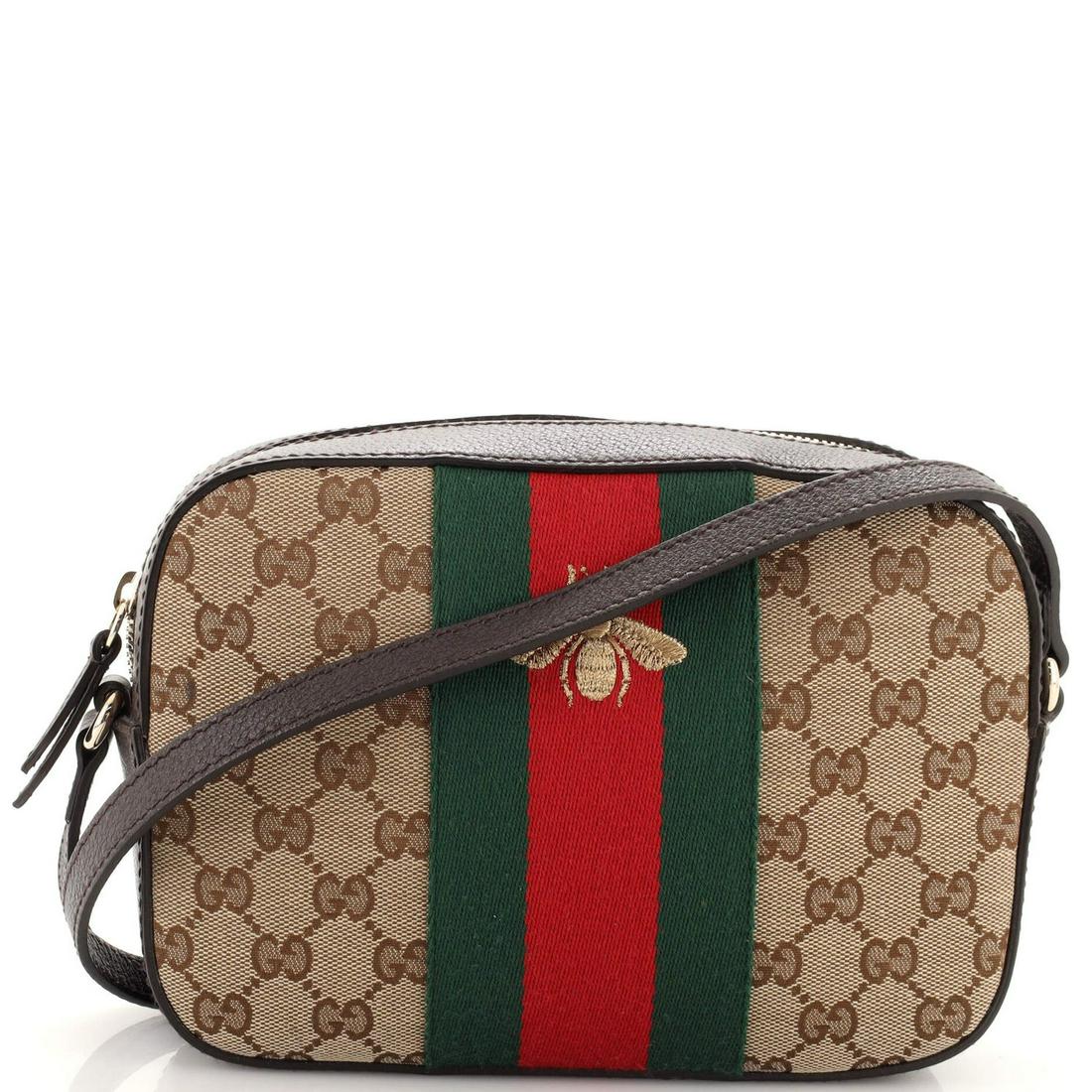 Gucci Bee Web Camera Bag GG Canvas: Gucci Bee Web Camera Bag GG Canvas Exterior Color: Brown Interior Color: Neutral Exterior Material: Canvas Coated, Leather Interior Material: Fabric Hardware Color: Gold Tone Accessories: No Acces