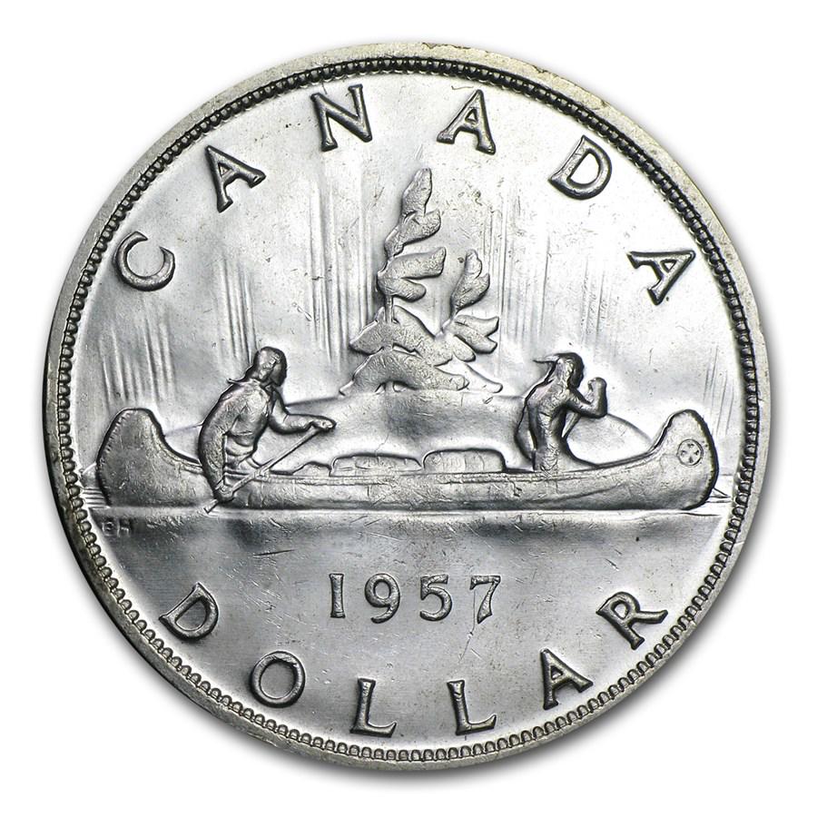 1957 Canada Silver Dollar Elizabeth II AU: 1957 Canada Silver Dollar Elizabeth II AU Product ID: 67648 Year: 1957 Grade: Almost Unc Grade Service: None Denomination: $1.00 Dollar Mint Mark: RCM (Not Shown) Metal Content: 0.6 troy