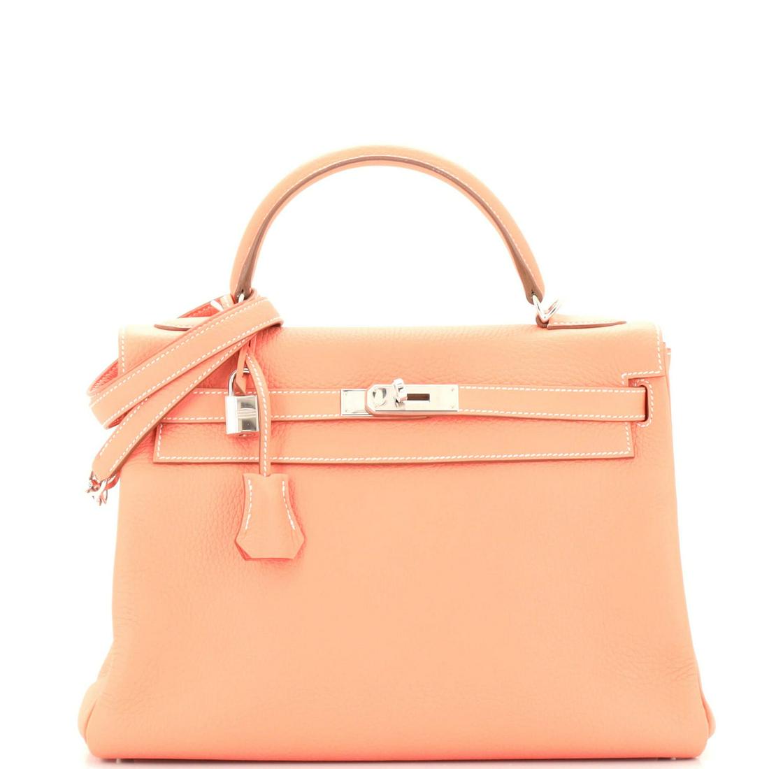 Hermes Kelly Handbag Orange Clemence with Palladium Hardware 32: Hermes Kelly Handbag Orange Clemence with Palladium Hardware 32 Hermes Color: Crevette Hermes Color: Crevette Exterior Color: Pink Interior Color: Pink Exterior Material: Leather Interior Material