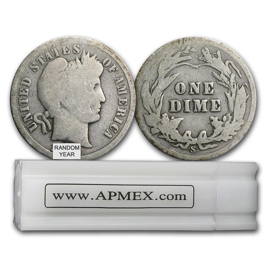 90% Silver Barber Dimes 50-Coin Roll (Almost Good): 90% Silver Barber Dimes 50-Coin Roll (Almost Good) Product ID: 5125 Year: Random Grade: Almost Good Grade Service: None Denomination: 10 Cents Mint Mark: Varies Metal Content: 3.575 troy