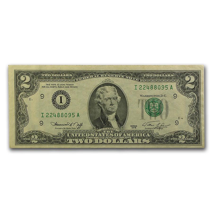 1976's $2.00 FRN VG/AU: 1976's $2.00 FRN VG/AU Product ID: 17576 Year: 1976 Grade: Very Good or Better Grade Service: None Denomination: $2.00 Mint Mark: Varies Metal Content: 0 troy oz Purity: N/A