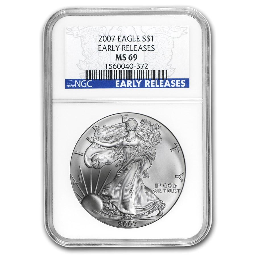 2007 American Silver Eagle MS-69 NGC (Blue Label, Early Release): 2007 American Silver Eagle MS-69 NGC (Blue Label, Early Release) Product ID: 23518 Year: 2007 Grade Service: NGC Denomination: $1.00 Dollar Metal Content: 1 troy oz Purity: .999 Thickness
