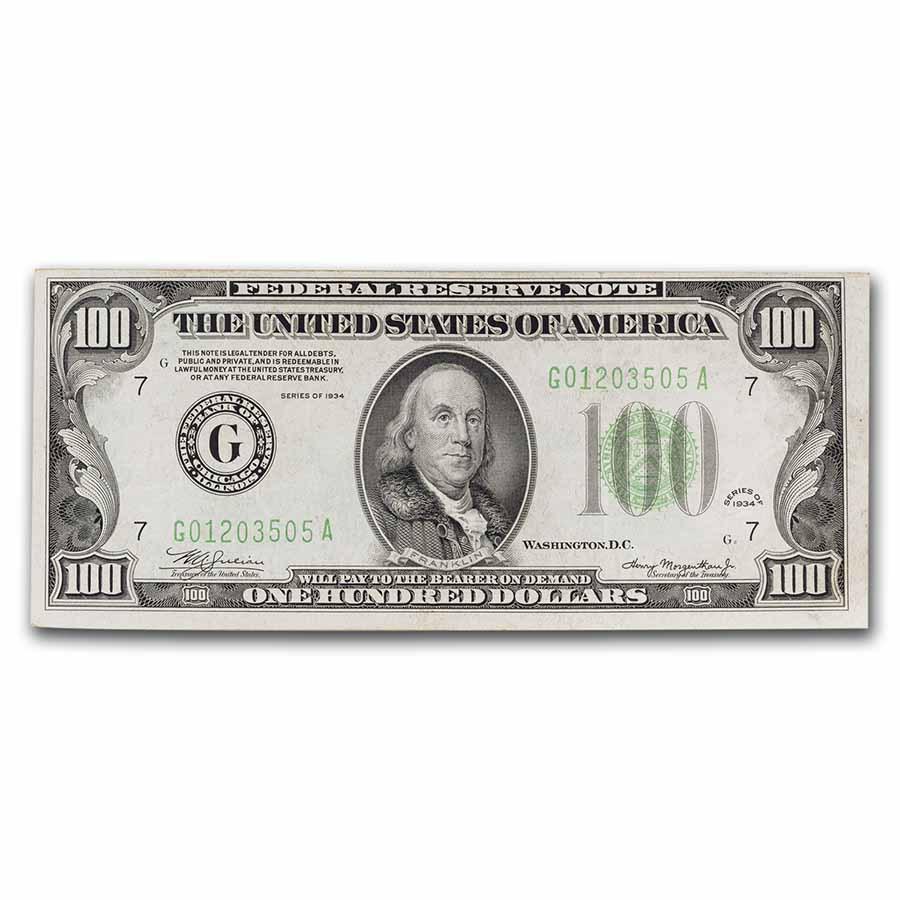 1934 (G-Chicago) $100 FRN VF (Fr#2152-G): 1934 (G-Chicago) $100 FRN VF (Fr#2152-G) Product ID: 40894 Year: 1934 Grade: Very Fine Grade Service: None Denomination: 100 Dollars Mint Mark: G - Chicago Metal Content: 0 troy oz