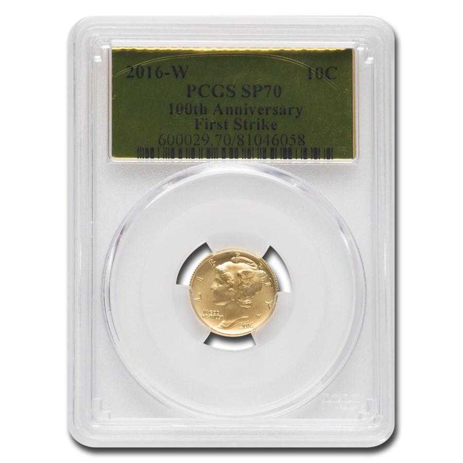 2016-W 1/10 oz Gold Mercury Dime SP-70 PCGS (FS, Gold Foil): 2016-W 1/10 oz Gold Mercury Dime SP-70 PCGS (FS, Gold Foil) Product ID: 271428 Year: 2016 Grade Service: PCGS Denomination: 10 Cents Metal Content: 0.1 troy oz Purity: .9999 Thickness: 1.