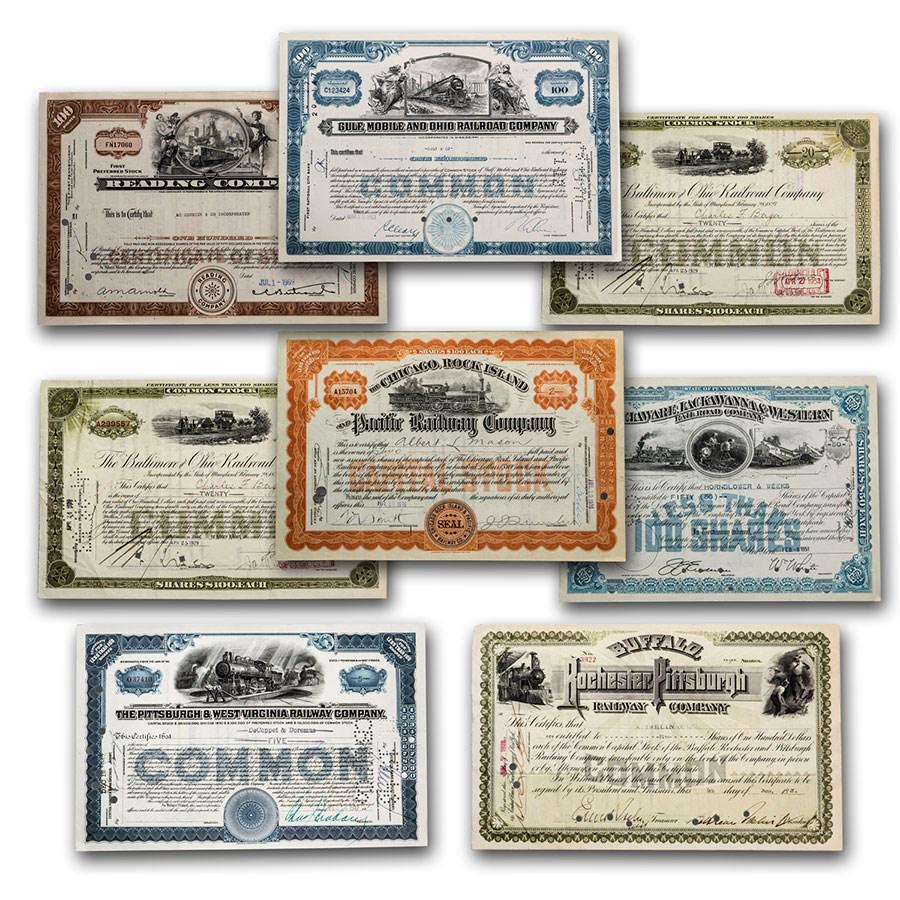 Railroad Collection 8-Certificates Stock Certificates: Railroad Collection 8-Certificates Stock Certificates Product ID: 51836 Year: N/A Grade: None Grade Service: None Denomination: N/A Mint Mark: N/A - Not Available Metal Content: 0 troy oz