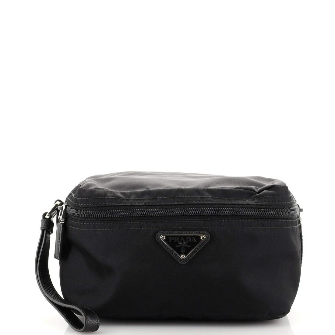 Prada Double Zip Wristlet Pouch Tessuto Small: Prada Double Zip Wristlet Pouch Tessuto Small Exterior Color: Black Interior Color: Black Exterior Material: Nylon Interior Material: Nylon Hardware Color: Silver Accessories: No Accessories <