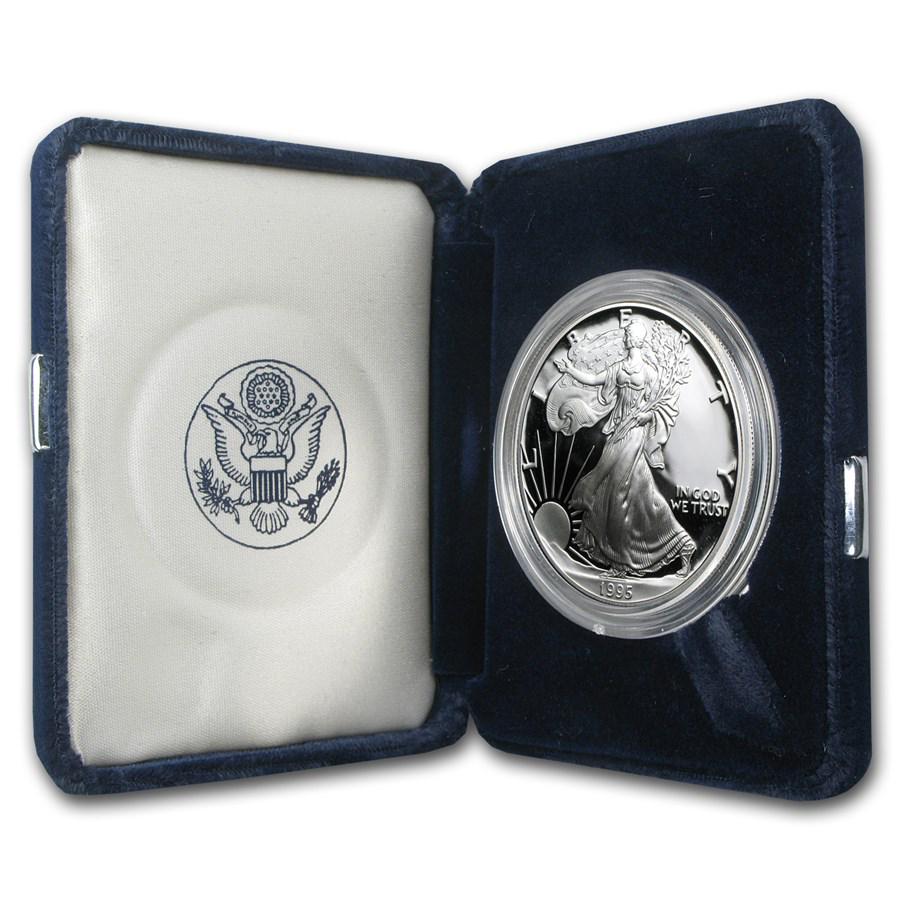 1995-P 1 oz Proof American Silver Eagle (w/Box & COA): 1995-P 1 oz Proof American Silver Eagle (w/Box & COA) Product ID: 1069 Year: 1995 Grade: Proof Grade Service: None Denomination: $1.00 Mint Mark: P - Philadelphia Metal Content: 1 troy oz