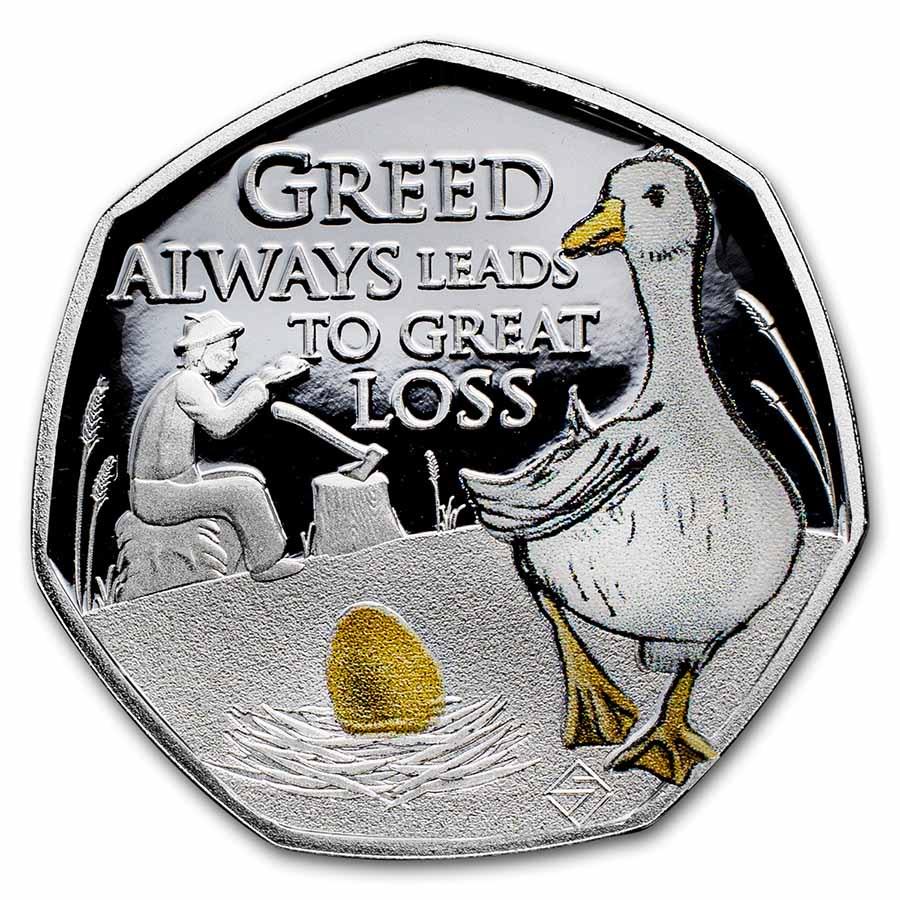 2022 St. Helena Silver 50p Goose and the Golden Egg Coin (w/ Box): 2022 St. Helena Silver 50p Goose and the Golden Egg Coin (w/ Box) Product ID: 257085 Year: 2022 Grade: Proof Grade Service: None Denomination: 50p Mint Mark: Not Shown Metal Content: 0.23