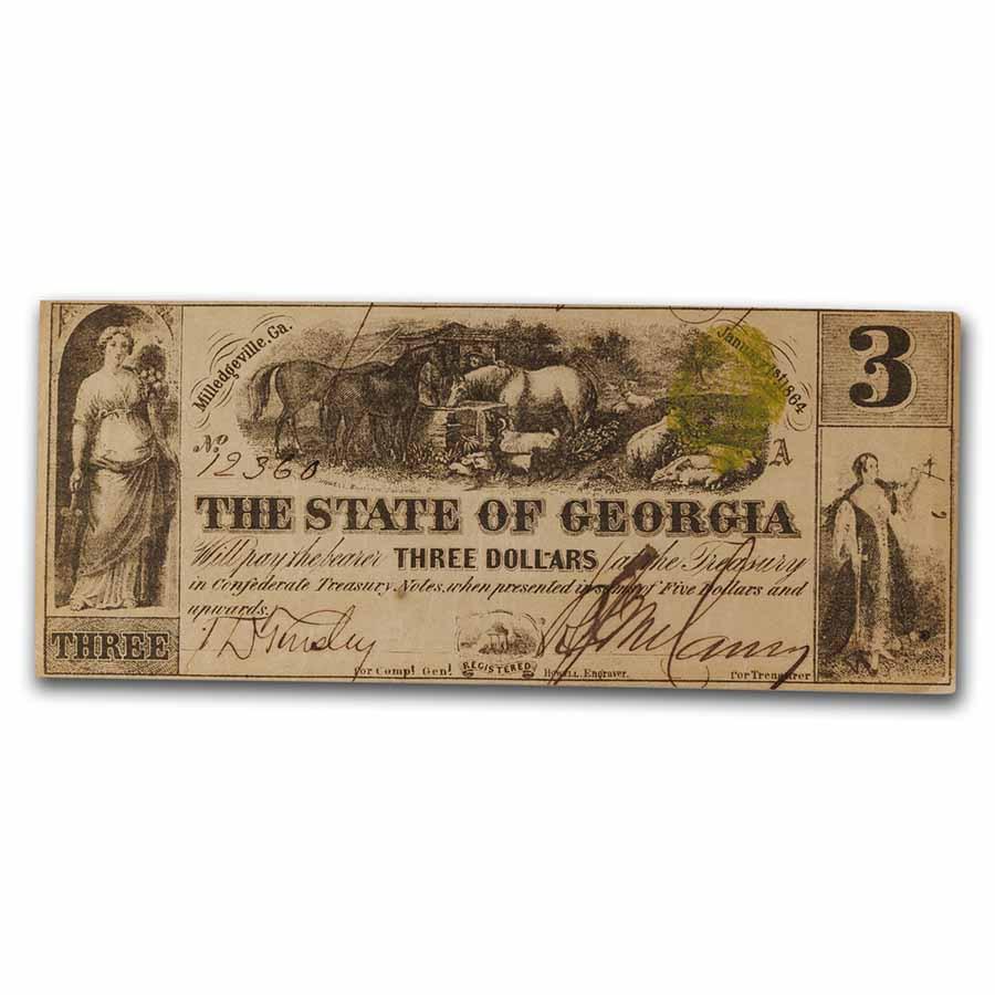 1864 State of Georgia, Milledgeville $3.00 XF: 1864 State of Georgia, Milledgeville $3.00 XF Product ID: 244766 Year: 1864 Grade: Extra Fine Grade Service: None Denomination: 3 Dollars Mint Mark: None Metal Content: 0 troy oz