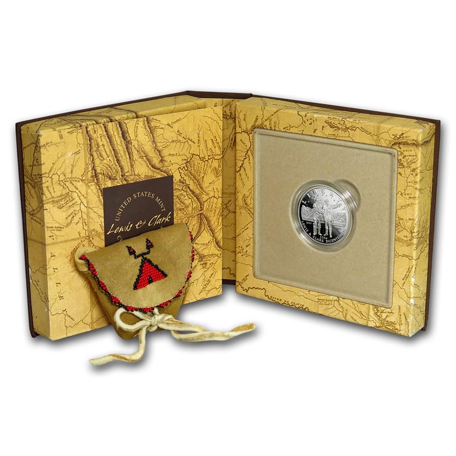 2004-P Lewis & Clark $1 Silver Commem Coin/Pouch Pf Set (Box/COA): 2004-P Lewis & Clark $1 Silver Commem Coin/Pouch Pf Set (Box/COA) Product ID: 12146 Year: 2004 Grade: Proof Grade Service: None Denomination: $1.00 Dollar Mint Mark: P - Philadelphia Meta