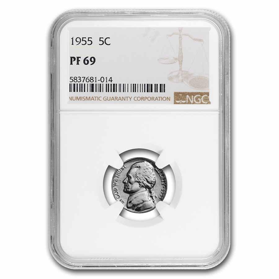 1955 Jefferson Nickel PF-69 NGC: 1955 Jefferson Nickel PF-69 NGC Product ID: 197956 Year: 1955 Grade Service: NGC Denomination: 5 Cents Metal Content: 0 troy oz Purity: 0 Thickness: 1.95 mm Diameter: 21.2 mm