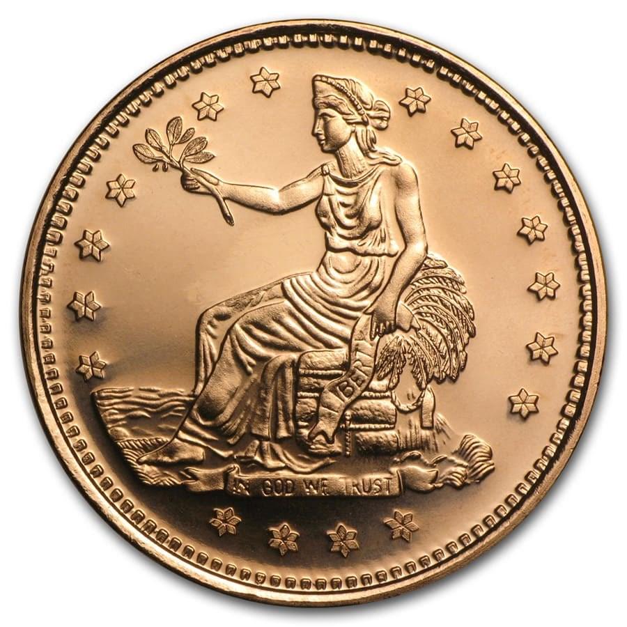 1 oz Copper Round - Trade Dollar: 1 oz Copper Round - Trade Dollar Product ID: 87357 Year: N/A Grade: None Grade Service: None Mint Mark: None Metal Content: 1 AVDP oz Purity: .999 Thickness: 3.3 mm Diam