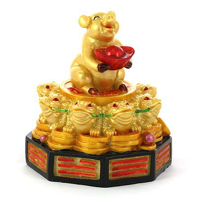 Handcrafted Pig Holding Gold Ingot On Pakua with 8 Mone: Handcrafted Pig Holding Gold Ingot On Pakua with 8 Money Frogs Figurine symbols for Fabulous Wealth **|**|** ; MSRP: $470