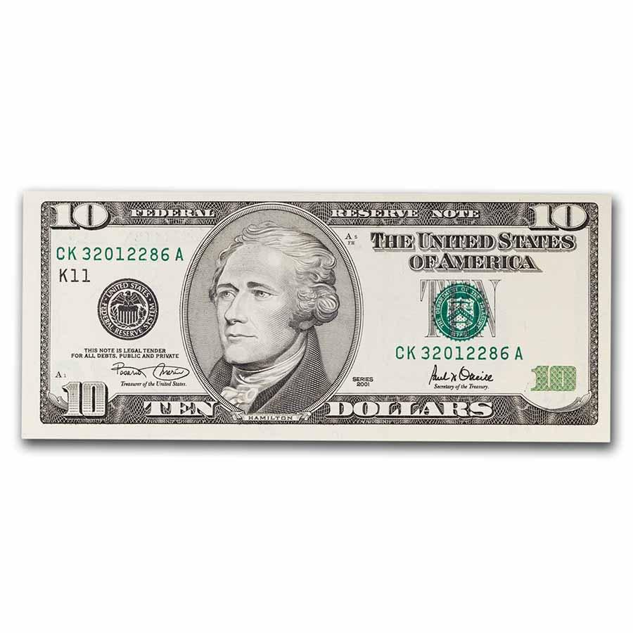 2001 $10 FRN CU (Random District) (Fr#2036): 2001 $10 FRN CU (Random District) (Fr#2036) Product ID: 262423 Year: 2001 Grade: (U) Crisp Unc Grade Service: None Denomination: 10 Dollars Mint Mark: Varies Metal Content: 0 troy oz