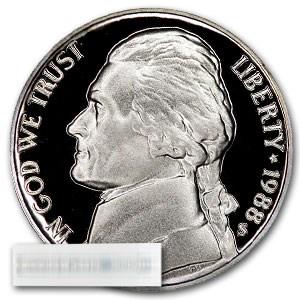 1988-S Jefferson Nickel 40-Coin Roll Gem Proof: 1988-S Jefferson Nickel 40-Coin Roll Gem Proof Product ID: 29221 Year: 1988 Grade: Proof Grade Service: None Denomination: 5 Cents Mint Mark: S - San Francisco Metal Content: 0 troy oz