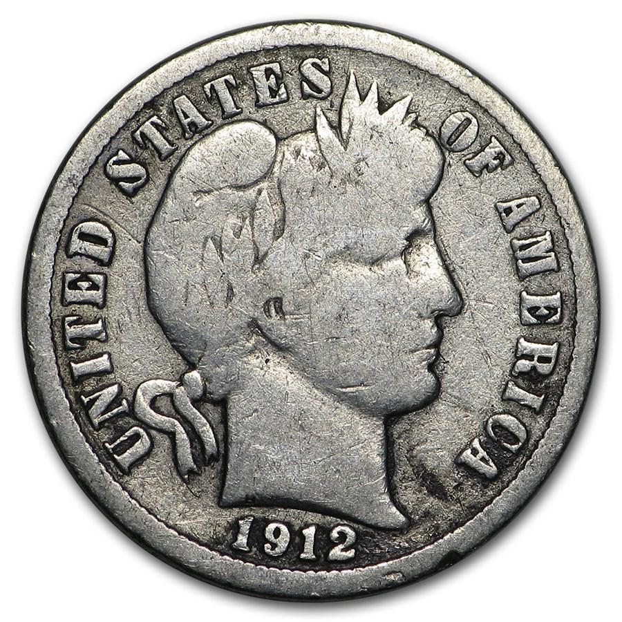 1912-D Barber Dime Good/VG: 1912-D Barber Dime Good/VG Product ID: 5853 Year: 1912 Grade: Good/Very Good Grade Service: None Denomination: 10 Cents Mint Mark: D - Denver Metal Content: 0.0715 troy oz Purity