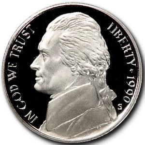 1990-S Jefferson Nickel Gem Proof: 1990-S Jefferson Nickel Gem Proof Product ID: 6712 Year: 1990 Grade: Gem Proof Grade Service: None Denomination: 5 Cents Mint Mark: S - San Francisco Metal Content: 0 troy oz Pur