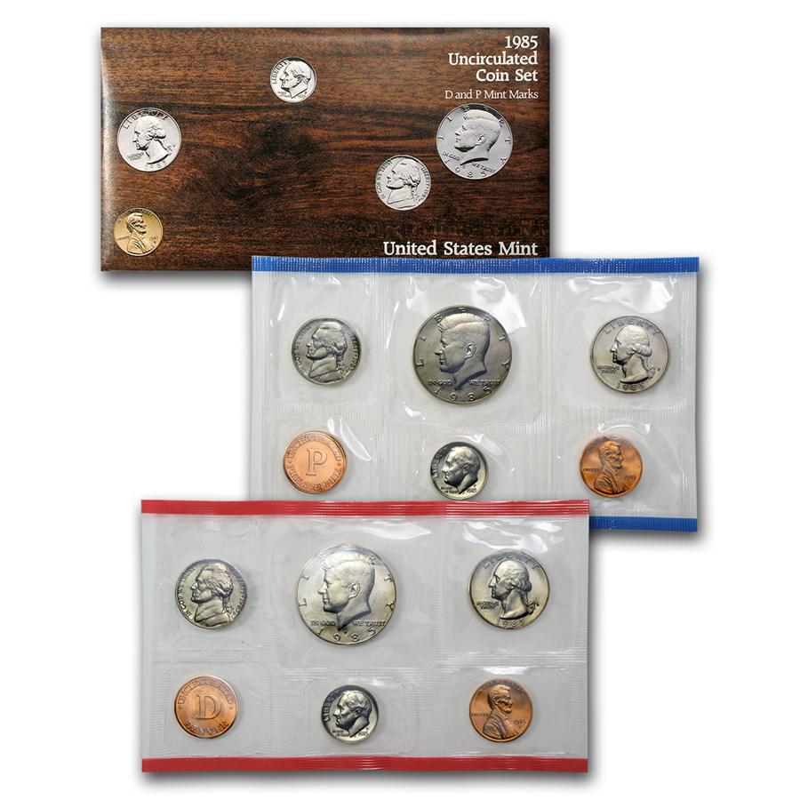 1985 U.S. Mint Set: 1985 U.S. Mint Set Product ID: 4037 Year: 1985 Grade: Brilliant Unc Grade Service: None Mint Mark: Varies Metal Content: 0 troy oz Purity: Other Thickness: Varies mm Dia