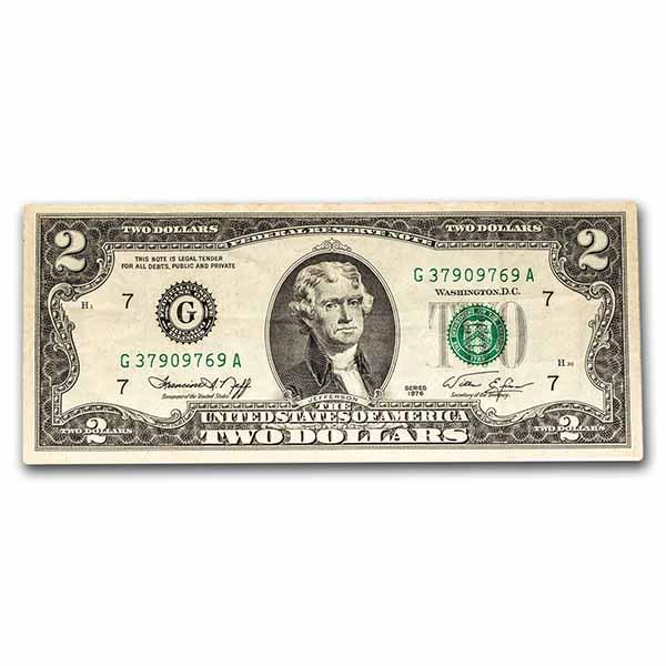 1976 (G-Chicago) $2.00 FRN VF (Fr#1935-G): 1976 (G-Chicago) $2.00 FRN VF (Fr#1935-G) Product ID: 239010 Year: 1976 Grade: Very Fine Grade Service: None Denomination: 2 Dollars Mint Mark: G - Chicago Metal Content: 0 troy oz